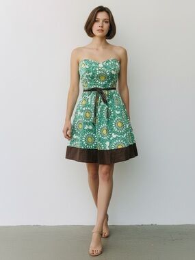 Trixxi Strapless Fit & Flare Dress Sweetheart  Neck Green Black Floral Size XXS
